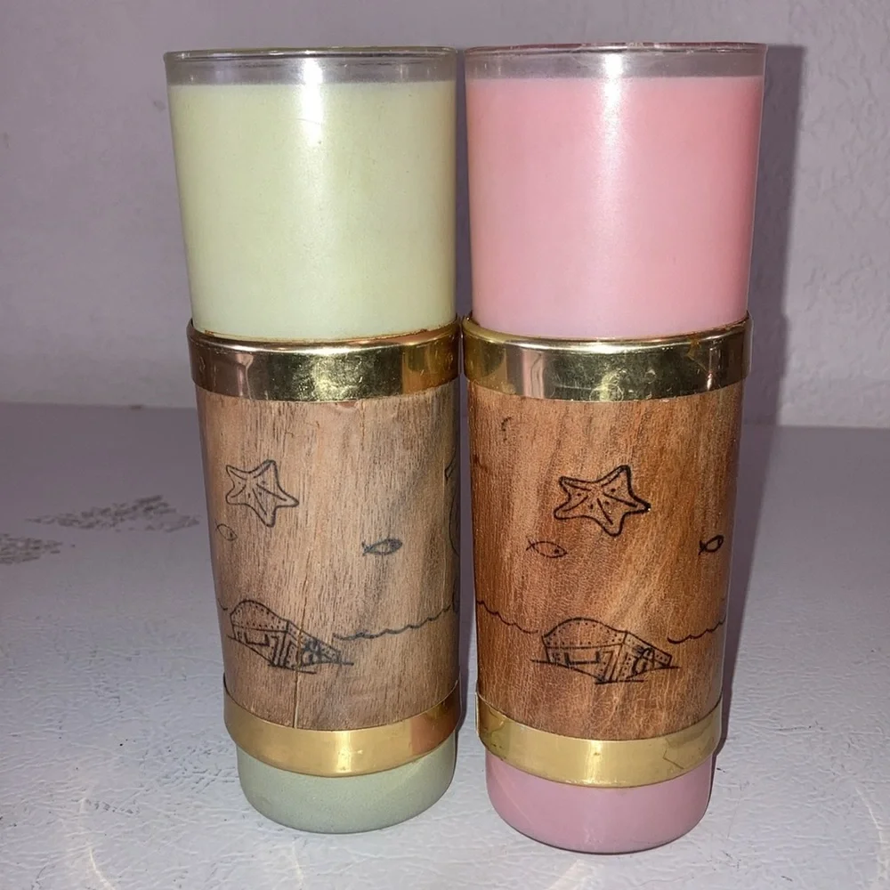 Libbey Palm Royale Tall MCM Frosted Glasses W/ Wood Tiki Bands Gold Pink Green